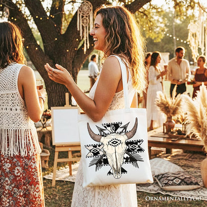 Western Aztec Tribal Bull Skull and Tote Bag