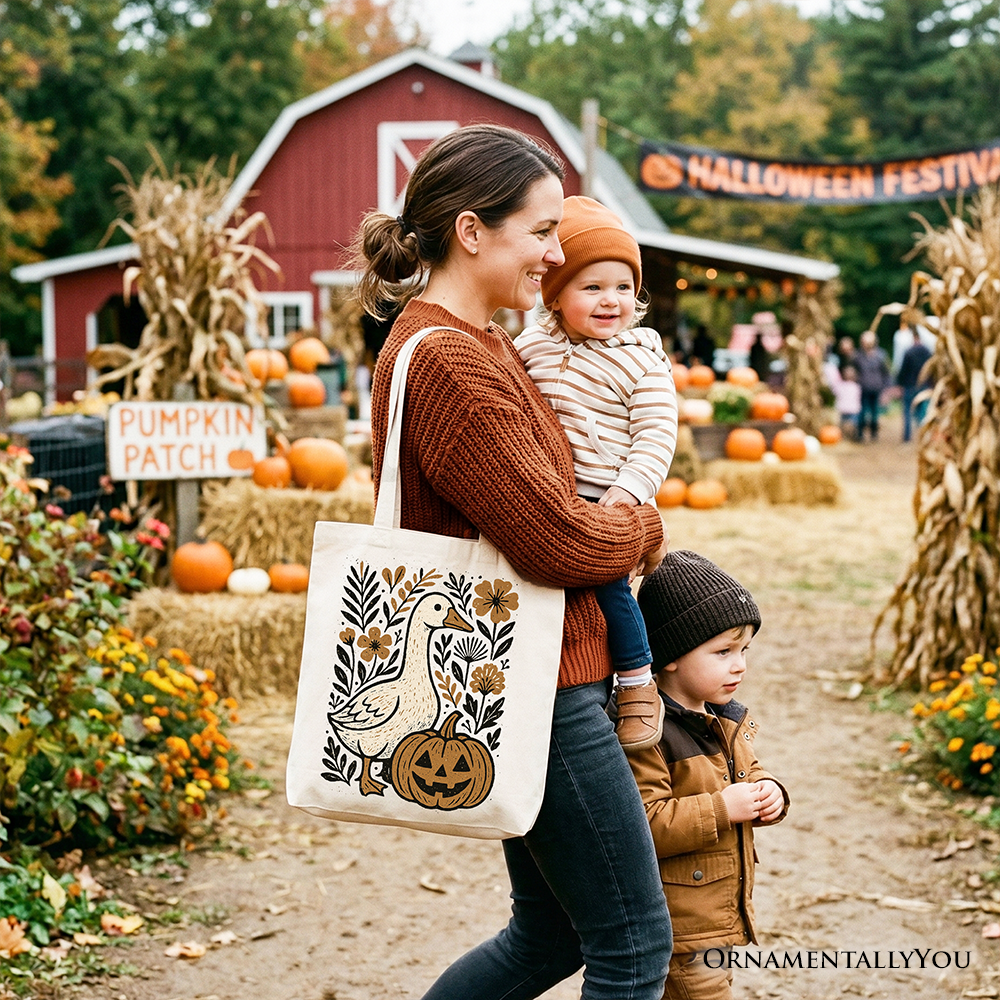 Boho Goose and Pumpkin Halloween Tote Bag