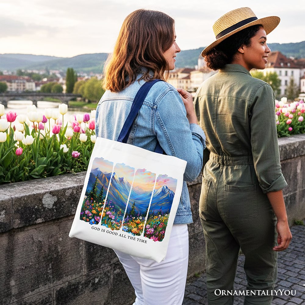 God Is Good Mountain Canvas Tote Bag and Joy
