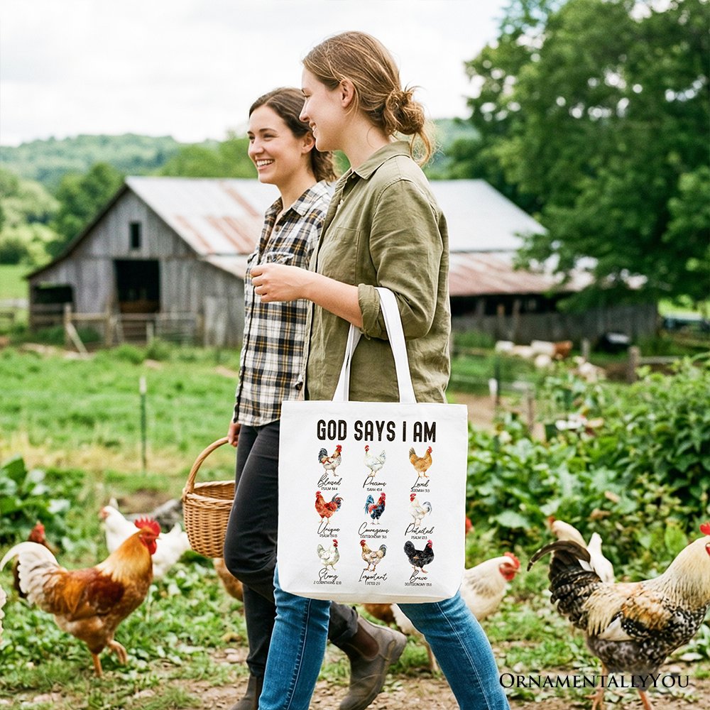God Says I Am Christian Tote and Farm Rooster Bag