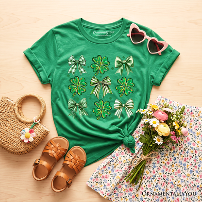 Green St Patricks Day Tee and Kids Clover Bow