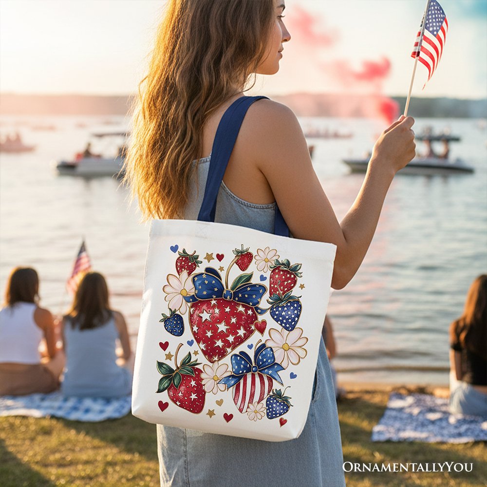 Patriotic Boho Strawberries and Canvas Tote Bag