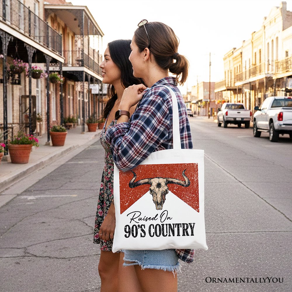 Raised On 90s Country Tote Bag With Bull Skull