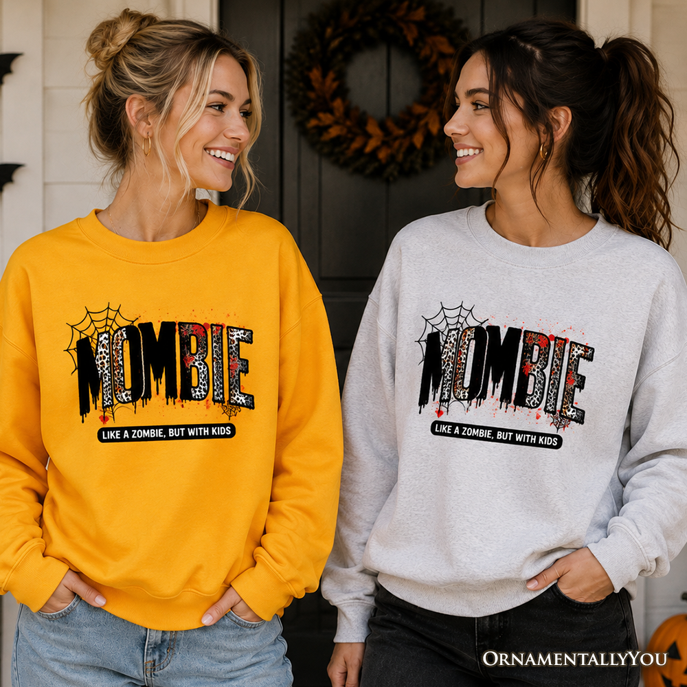 Mombie Like a Zombie Sweatshirt two-color yellow gray, two women wear Halloween mom horror on Tampa Home & Garden Store