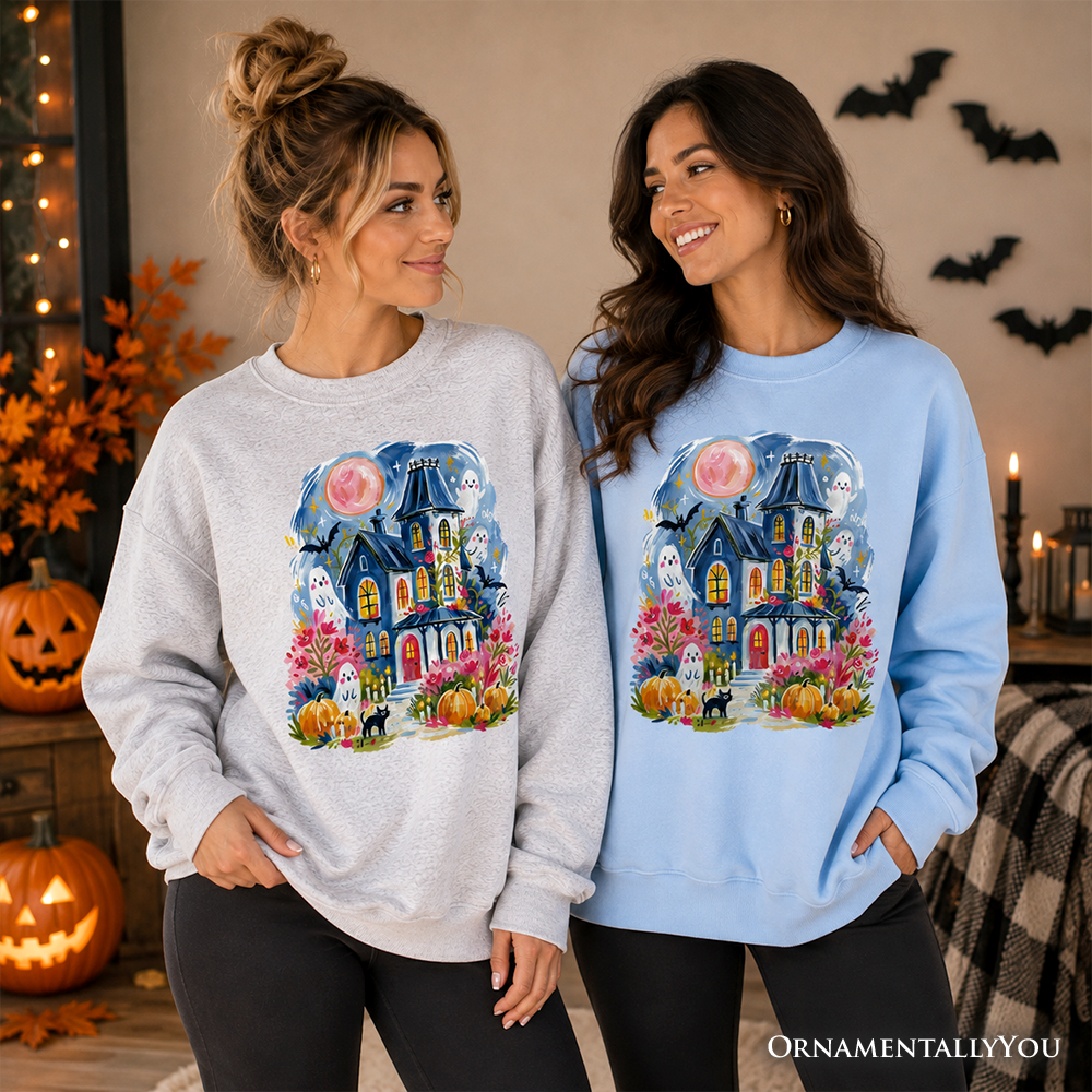 Watercolor Haunted House Sweatshirts gray and blue, two shown by OrnamentallyYou on Tampa Home & Garden Store