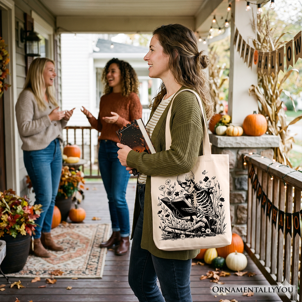 Gothic Reading Skeleton Canvas Floral Tote Bag