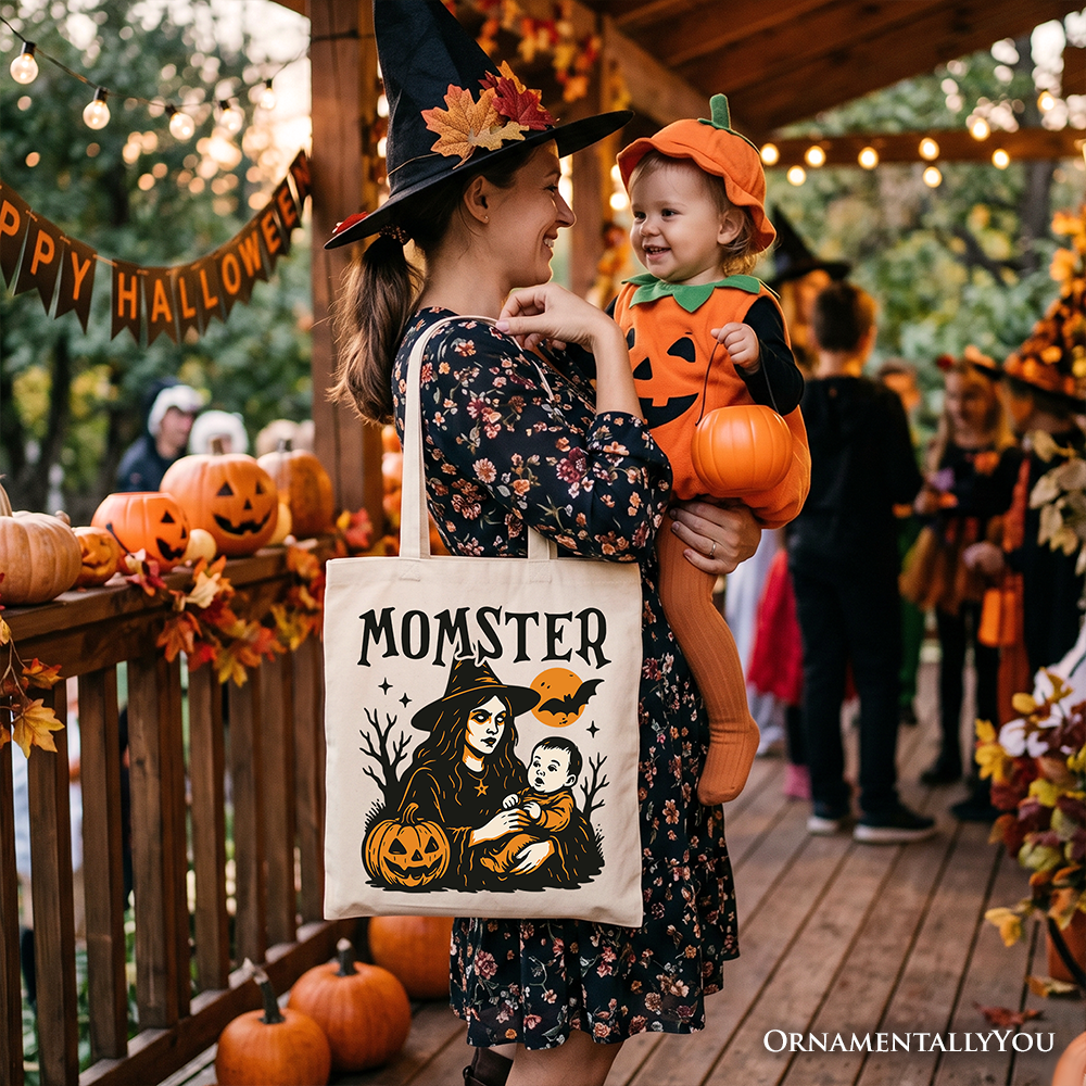 Momster Halloween Witch Canvas Tote Bag for Moms