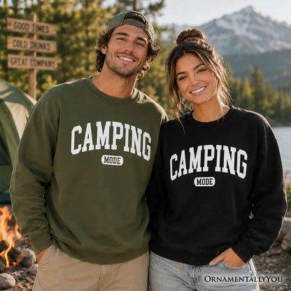 Two Camping Mode varsity sweatshirts in olive green and black by OrnamentallyYou on Tampa Home & Garden Store