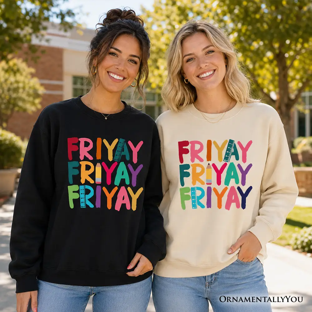 Friday Teacher Sweatshirt by OrnamentallyYou, black and cream Friyay graphic worn by two on Tampa Home & Garden Store