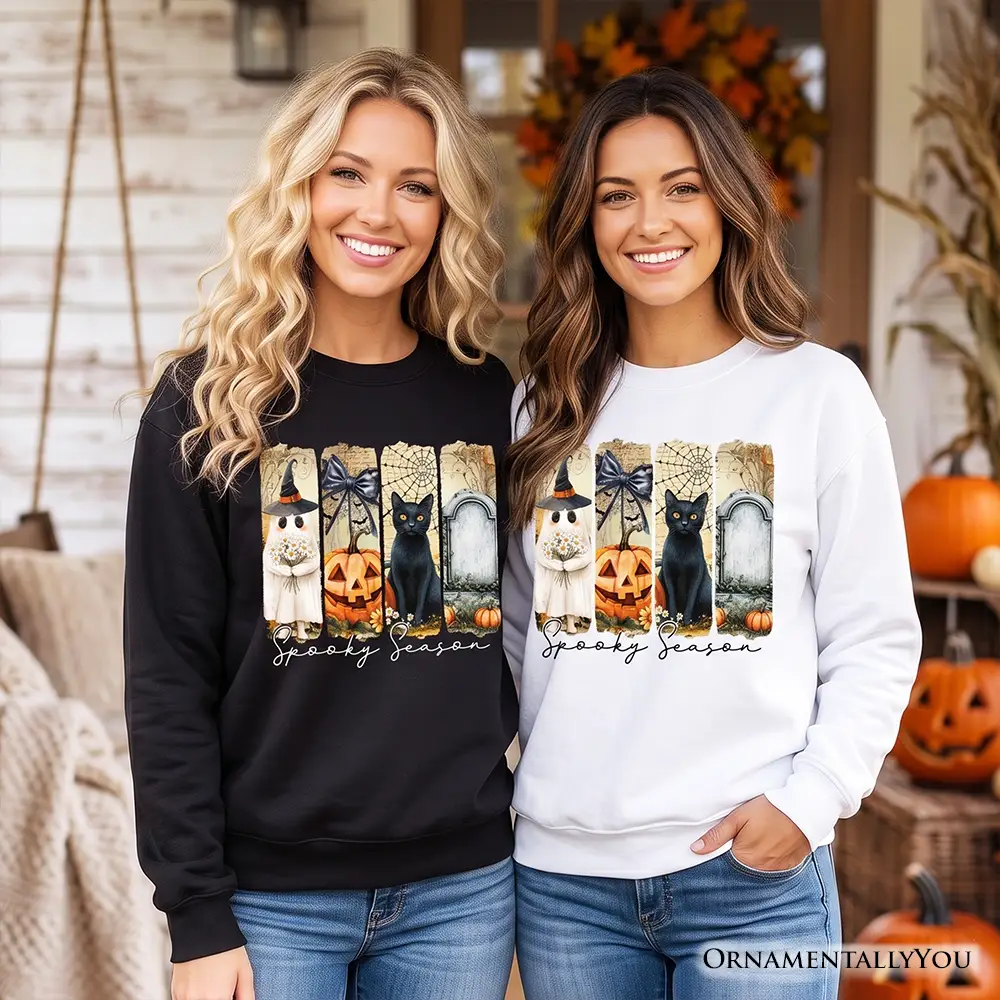 Sweatshirts Spooky Season ghost, cat, pumpkin print in black and white by OrnamentallyYou;2 on Tampa Home & Garden Store