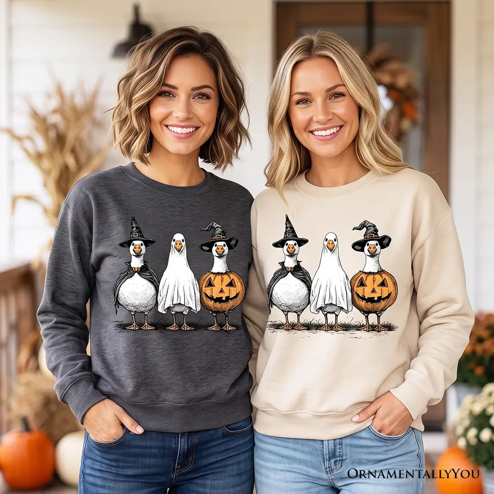 Haunting Honkers Goose Sweatshirt two gray and beige geese ghosts pumpkins OrnamentallyYou on Tampa Home & Garden Store