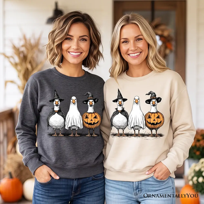 Haunting Honkers Goose Sweatshirt two gray and beige geese ghosts pumpkins OrnamentallyYou on Tampa Home & Garden Store