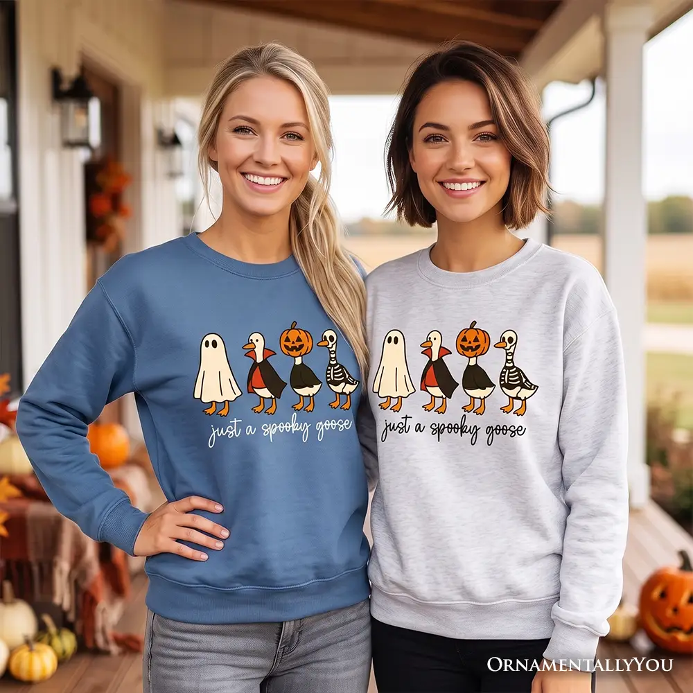 Just a Spooky Goose Sweatshirt in blue and gray, two OrnamentallyYou sweatshirts worn by models on Tampa Home & Garden Store
