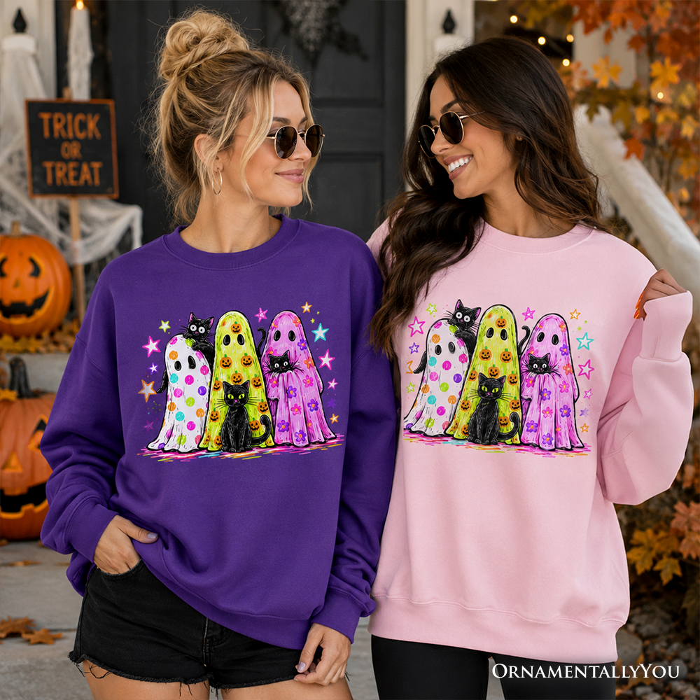 Colorful Ghosts and Black Cats Sweatshirts neon graphic on purple pink OrnamentallyYou on Tampa Home & Garden Store