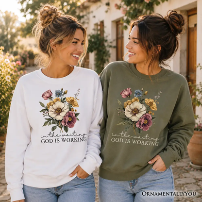 Sweatshirt by OrnamentallyYou Christian, white and olive with wildflower print worn by two wearers on Tampa Home & Garden Store