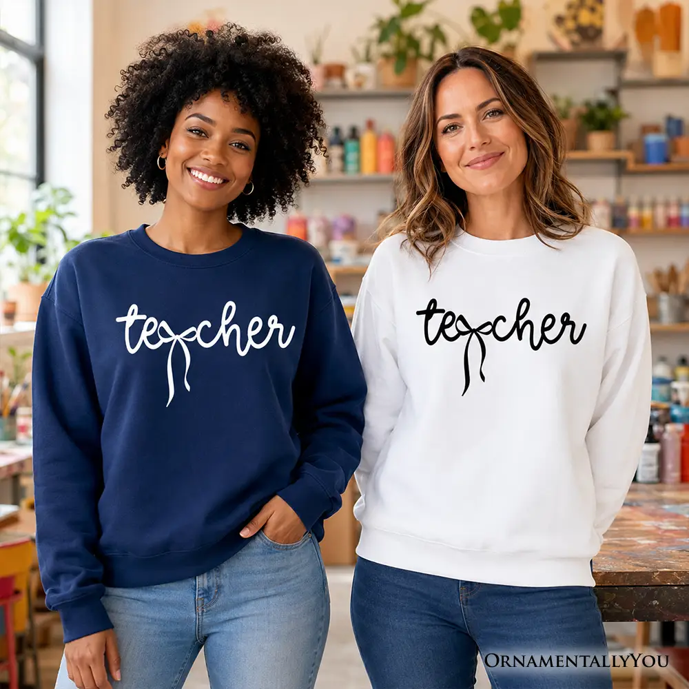 Teacher Coquette Bow Sweatshirt navy and white with bow script by OrnamentallyYou two models on Tampa Home & Garden Store