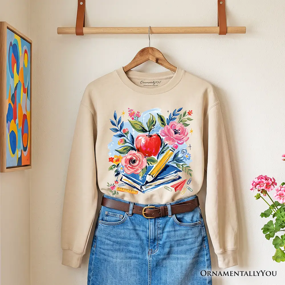 Beige Boho Floral Teacher Sweatshirt by OrnamentallyYou with watercolor flowers and books on Tampa Home & Garden Store