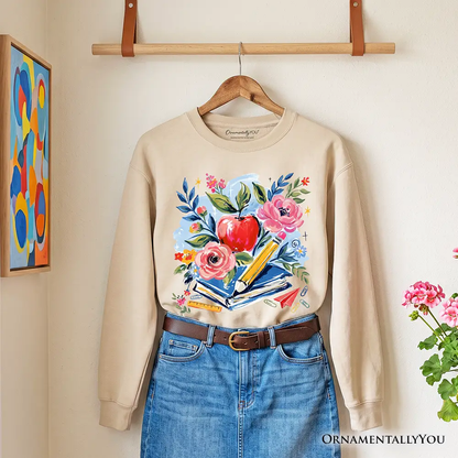 Beige Boho Floral Teacher Sweatshirt by OrnamentallyYou with watercolor flowers and books on Tampa Home & Garden Store
