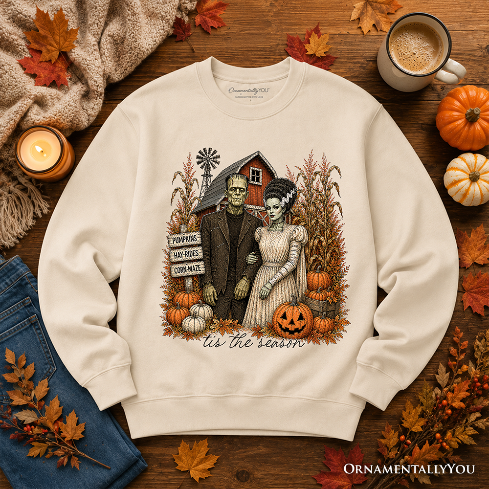 Frankenstein Couple Pumpkin Patch Sweatshirt in cream by OrnamentallyYou with scene on Tampa Home & Garden Store