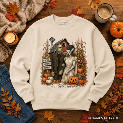 Frankenstein Couple Pumpkin Patch Sweatshirt in cream by OrnamentallyYou with scene on Tampa Home & Garden Store