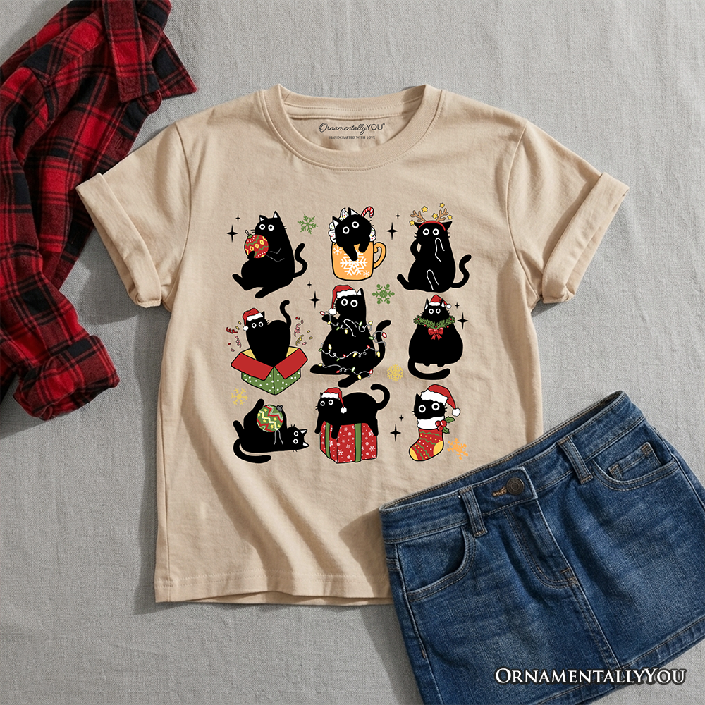 Kids Christmas Black Cat Playful Santa Tee