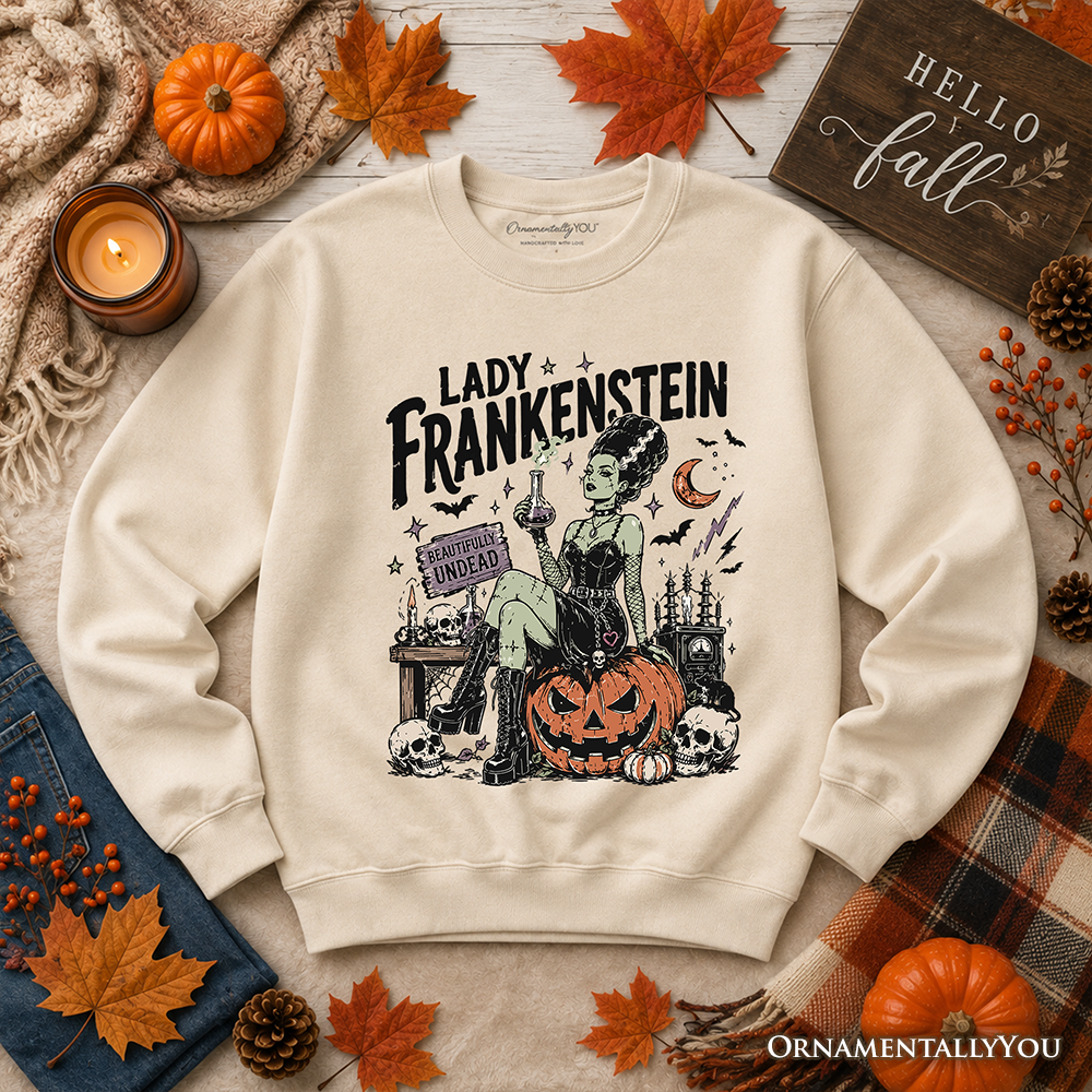 Lady Frankenstein cream sweatshirt with vintage gothic art by OrnamentallyYou on Tampa Home & Garden Store