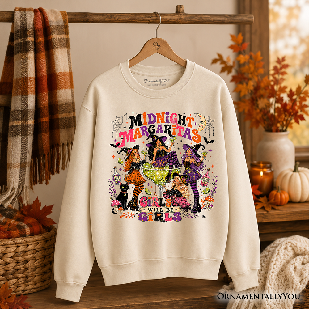 Midnight Margaritas cream sweatshirt with retro Halloween witches graphic by OrnamentallyYou on Tampa Home & Garden Store