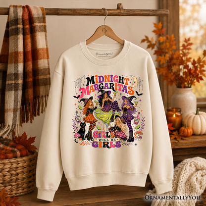 Midnight Margaritas cream sweatshirt with retro Halloween witches graphic by OrnamentallyYou on Tampa Home & Garden Store