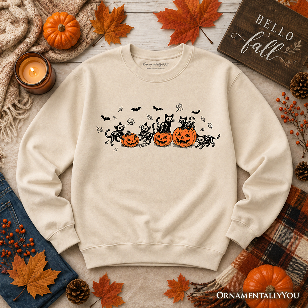 Beige Skeleton Cats and Pumpkins Sweatshirt with orange pumpkins, OrnamentallyYou brand on Tampa Home & Garden Store