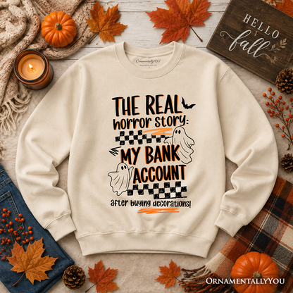 Beige sweatshirt OrnamentallyYou Halloween horror story ghosts and checker accents on Tampa Home & Garden Store