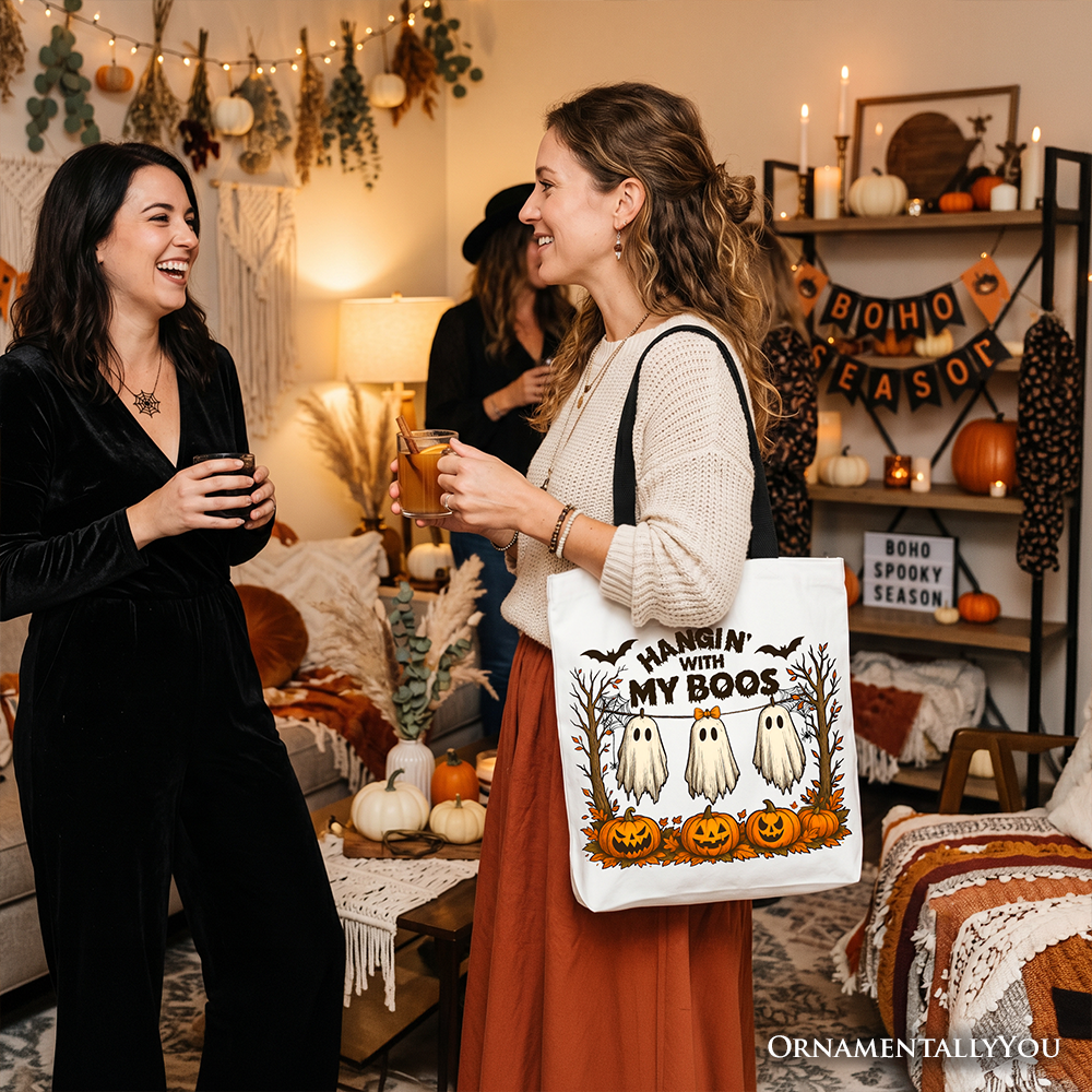 Boho Canvas Ghost Tote Bag and Fall Pumpkin Gift