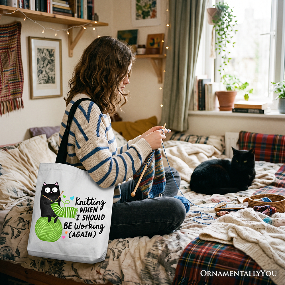 Cute Black Cat Knitting Tote Bag for Crafters