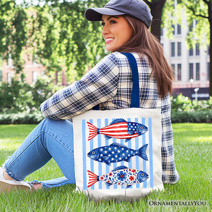 Patriotic Fish Striped Tote Bag for the Beach