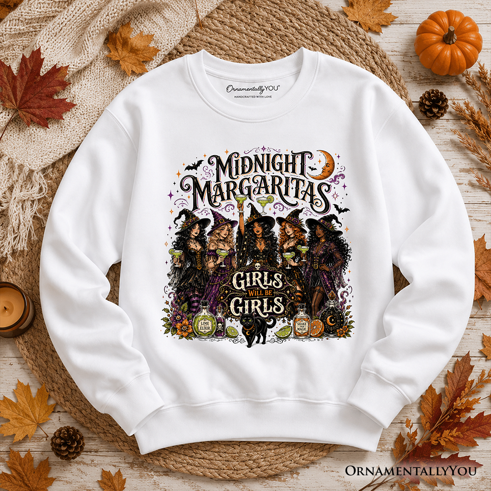 Midnight Margaritas Sweatshirt with five witches and cocktails graphic by OrnamentallyYou on Tampa Home & Garden Store