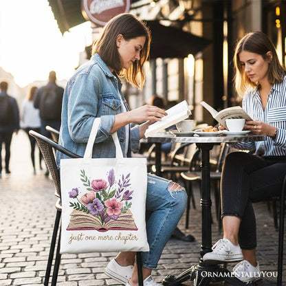 Floral Book Print Faux Crochet Tote for a Reader