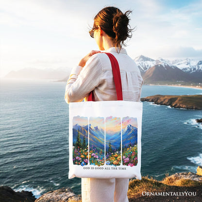 God Is Good Mountain Canvas Tote Bag and Joy