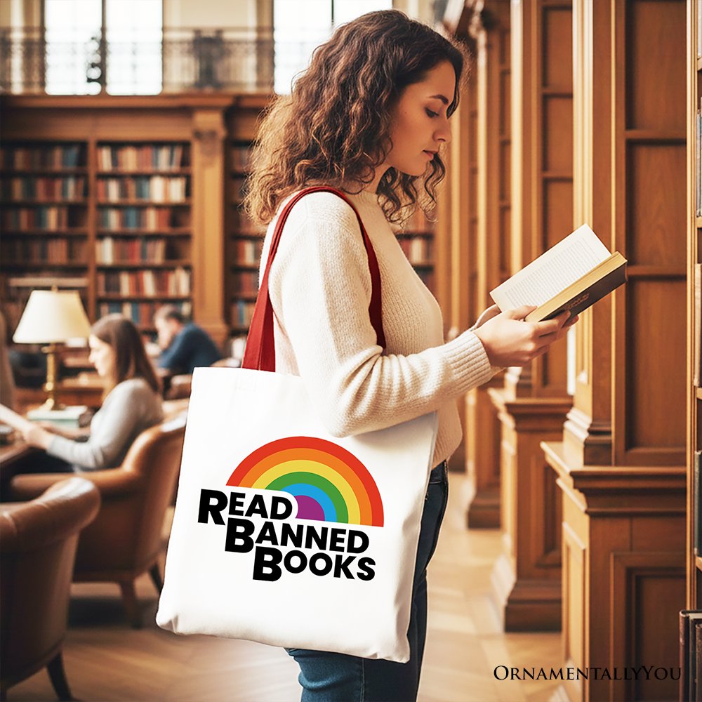 Rainbow Banned Books Canvas Tote Bag and Design