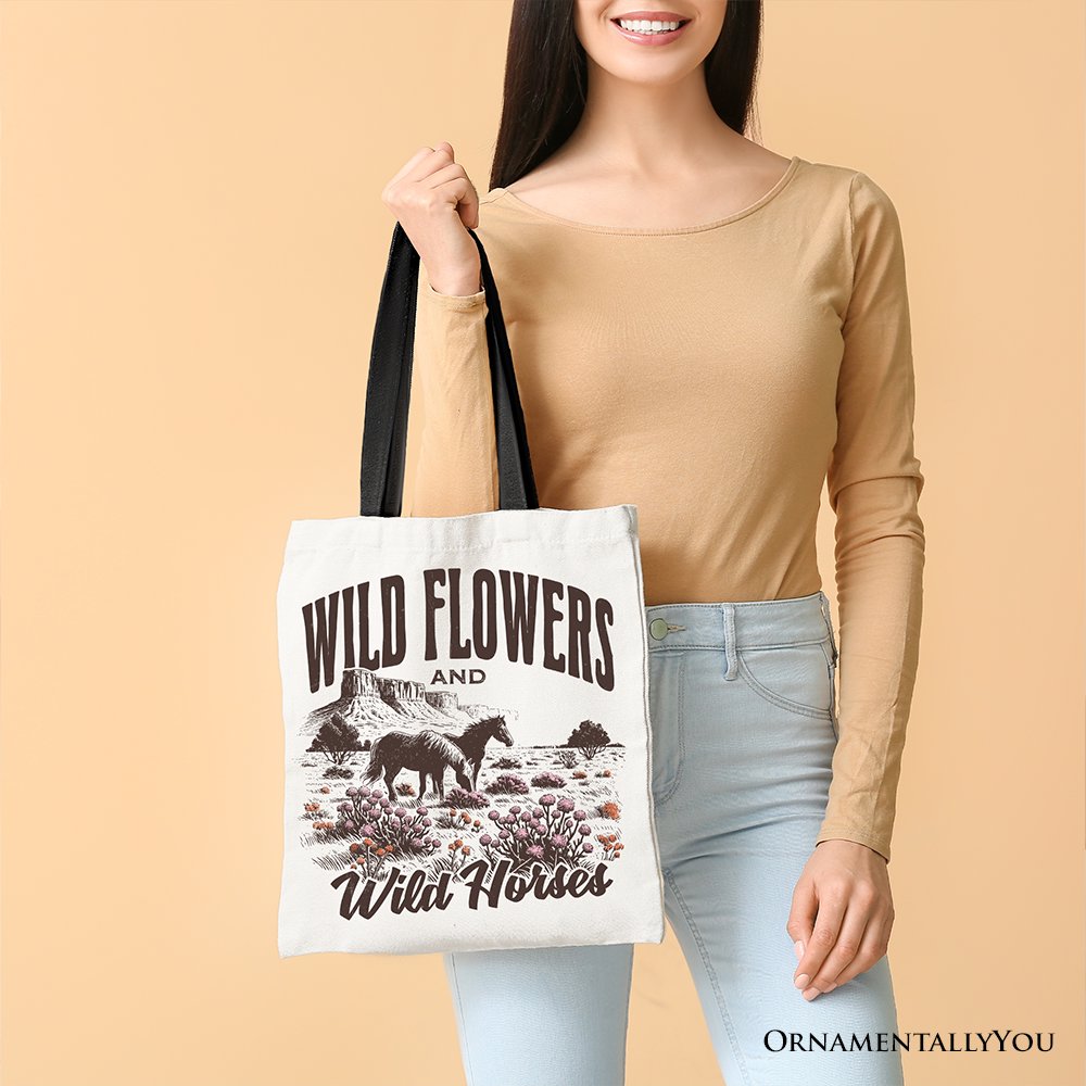 Retro Wild Flowers and Horse Canvas Tote Bag