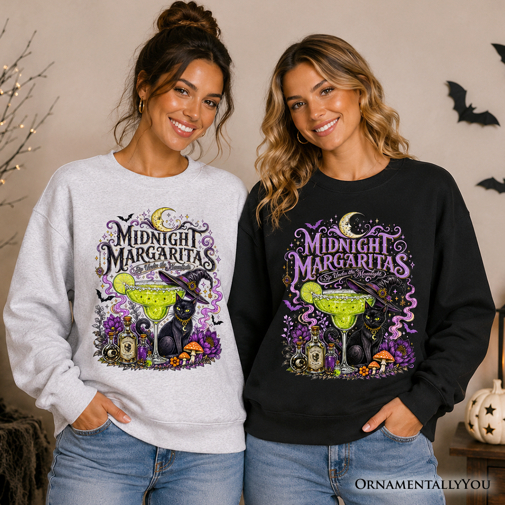 Midnight Margaritas Sweatshirt by OrnamentallyYou cocktail graphic with black cat gray, two shown on Tampa Home & Garden Store
