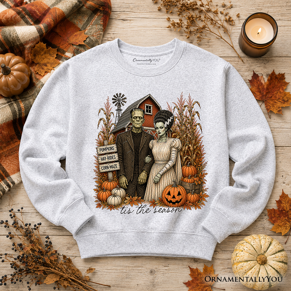 Frankenstein Couple Pumpkin Patch Sweatshirt in gray with Halloween scene by OrnamentallyYou on Tampa Home & Garden Store