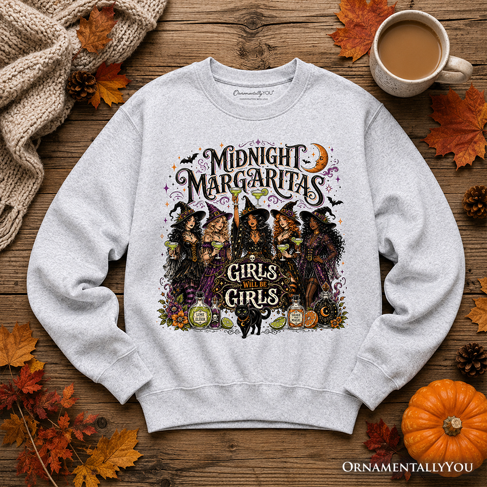 Midnight Margaritas Sweatshirt with witch coven print on gray heather OrnamentallyYou on Tampa Home & Garden Store