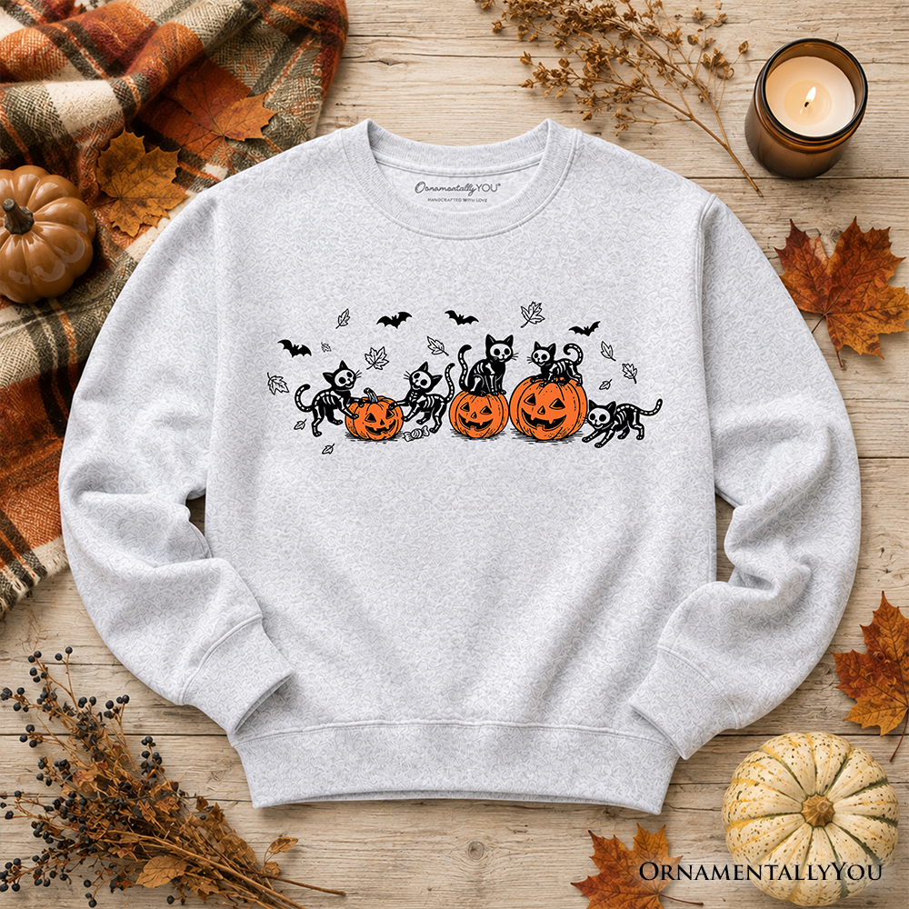 Sweatshirt Skeleton Cats with orange pumpkins on gray heather OrnamentallyYou on Tampa Home & Garden Store