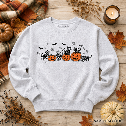 Sweatshirt Skeleton Cats with orange pumpkins on gray heather OrnamentallyYou on Tampa Home & Garden Store