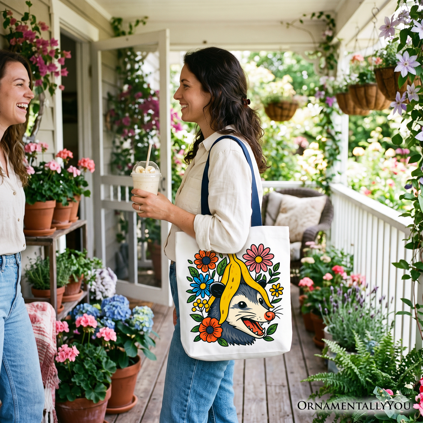 Funny Banana Possum Floral Canvas Tote Bag