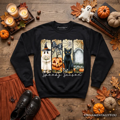Black sweatshirt with brushstroke Halloween panels: ghost, pumpkin, cat OrnamentallyYou on Tampa Home & Garden Store