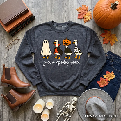 Just a Spooky Goose Sweatshirt charcoal gray by OrnamentallyYou with ghost, pumpkin-headed goose on Tampa Home & Garden Store