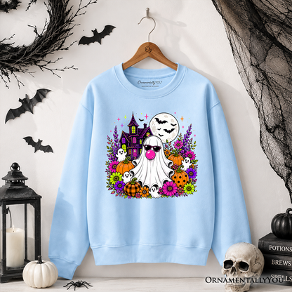 Sweatshirt Bubblegum Ghost Haunted House with floral Halloween pumpkins on blue OrnamentallyYou on Tampa Home & Garden Store