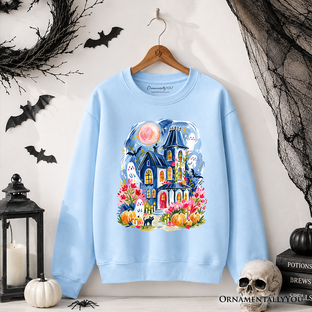 Watercolor Haunted House Sweatshirt in blue with colorful ghosts and pumpkins OrnamentallyYou on Tampa Home & Garden Store