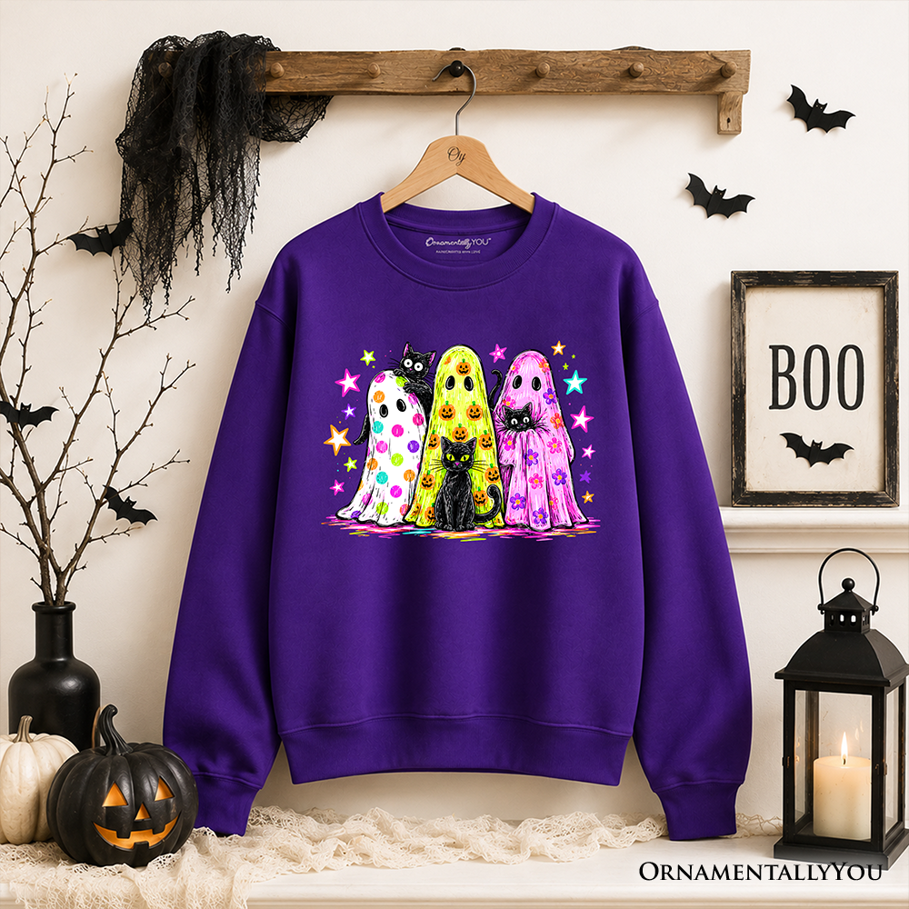 Purple sweatshirt with neon ghosts and black cats graphic by OrnamentallyYou on Tampa Home & Garden Store