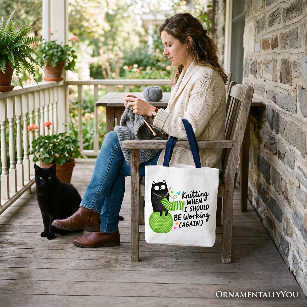 Cute Black Cat Knitting Tote Bag for Crafters